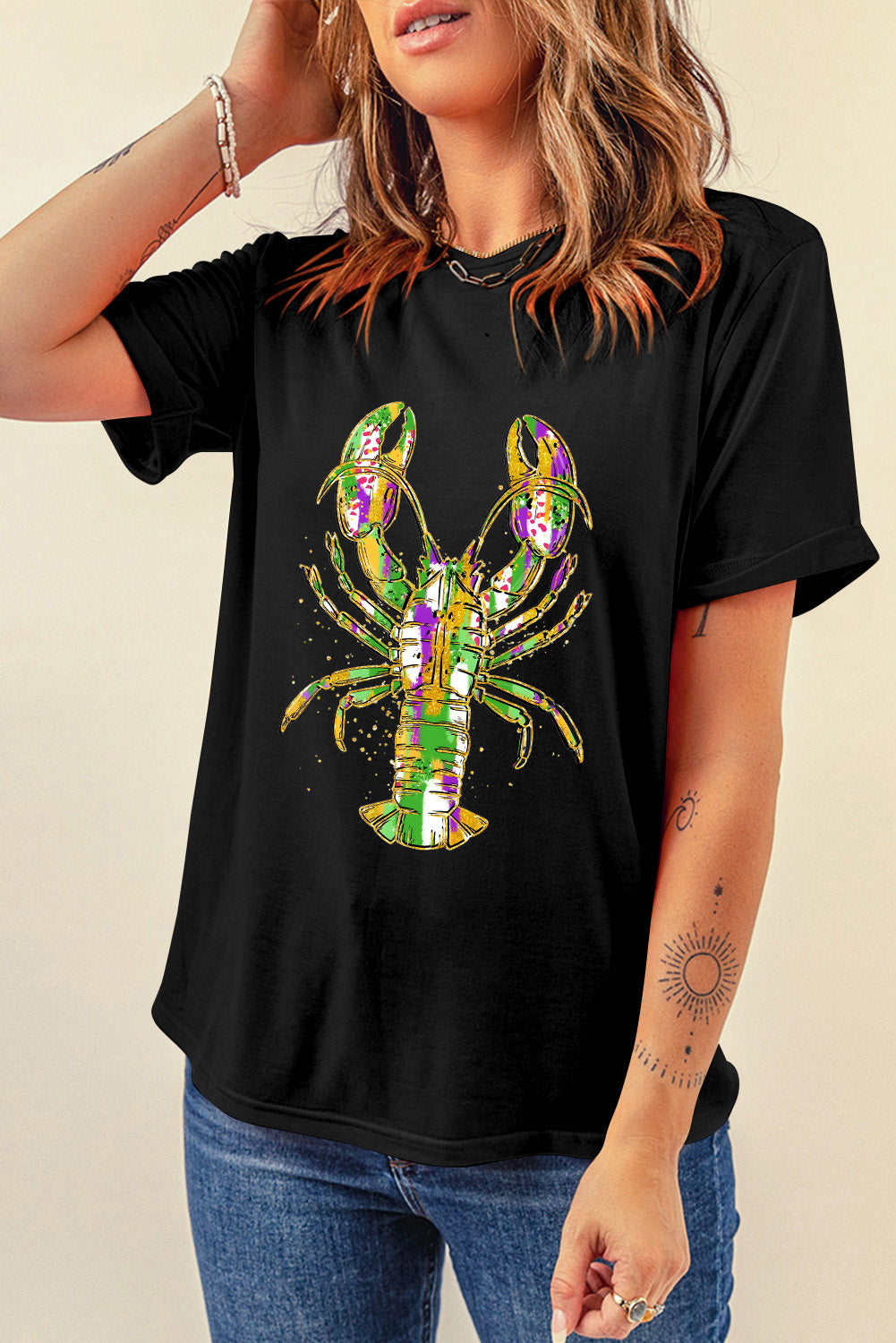 Black Mardi Gras Lobster Graphic Heat Transfer T Shirt