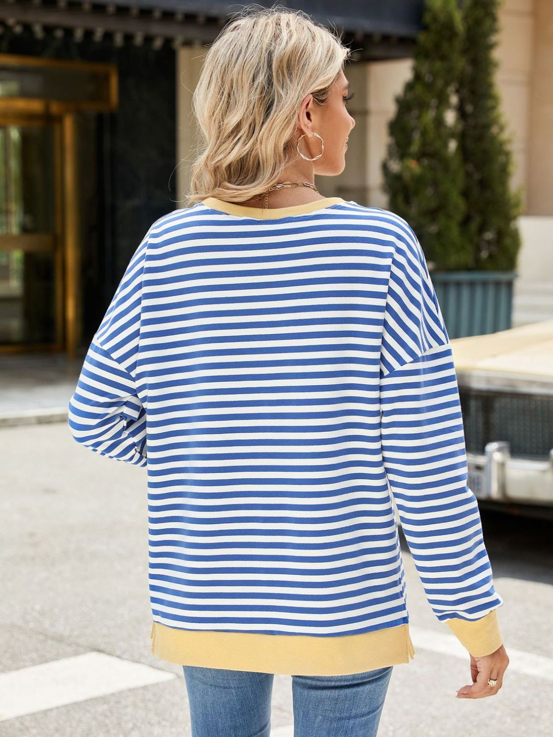 Slit Striped Round Neck Long Sleeve Sweatshirt