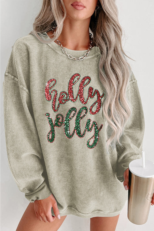 Green Sequined holly jolly Graphic Corded Sweatshirt