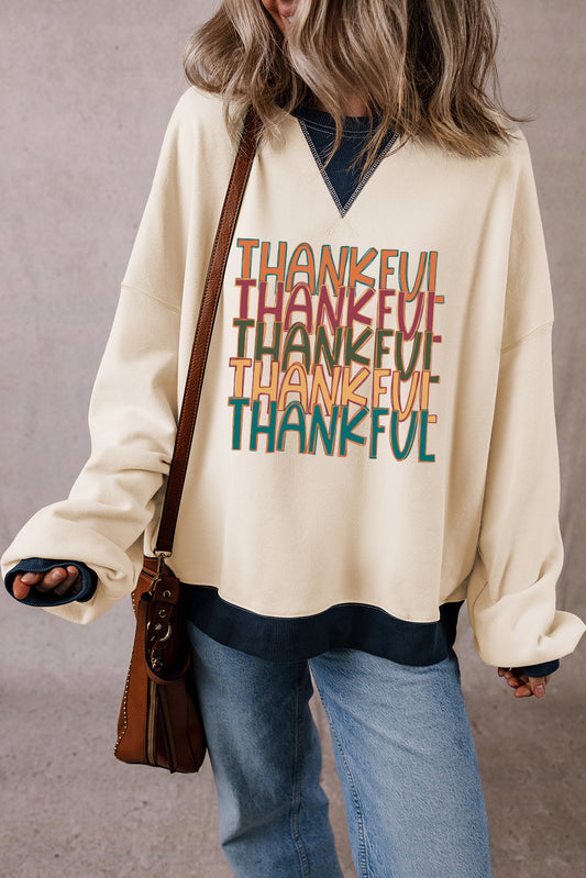 White THANKFUL Graphic Colorblock Edge Oversized Thanksgiving Sweatshirt