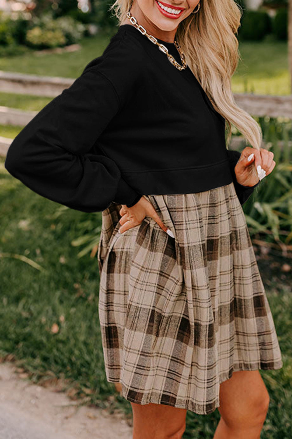 Black Plaid Patchwork High Waist Sweatshirt Mini Dress