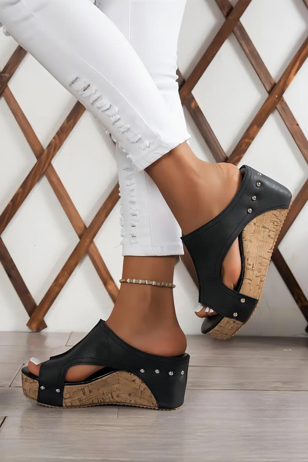 Black Hollow Out Studded PU Leather Wedge Slippers