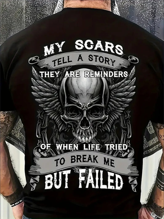 Men's'MY SCARS TELL A STORY' Print Short Sleeve Crew Neck T-shirt, Casual Comfy Tee As Gift