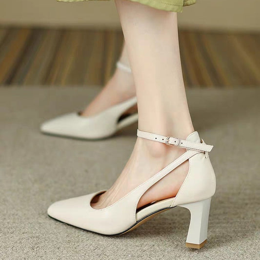 Square Toe Chunky Heel Pumps Women's Summer Mid Heel Soft Leather