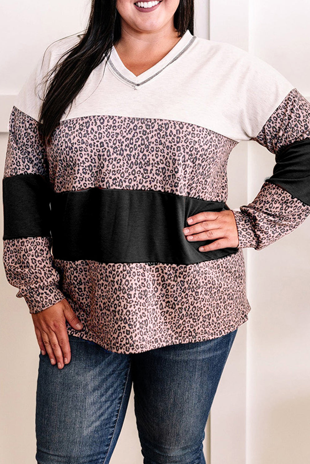 Black Leopard Print Colorblock V Neck Long Sleeve Plus Size Top