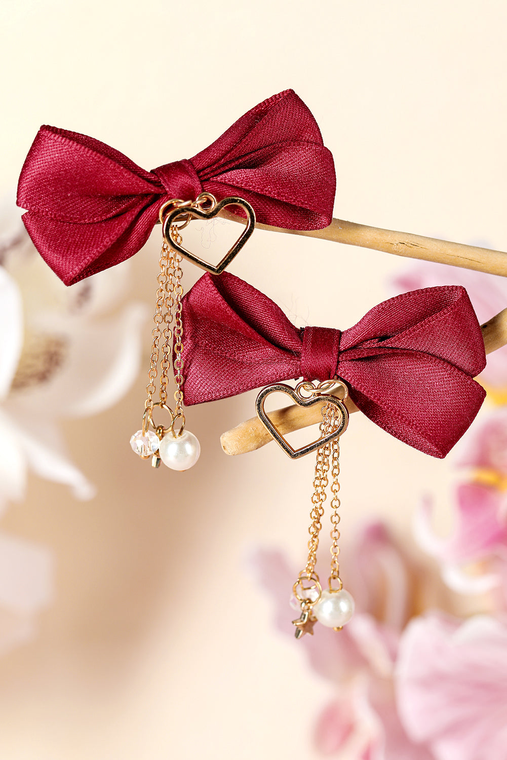 Pink Cute Heart Beaded Charm Bow Hair Clip