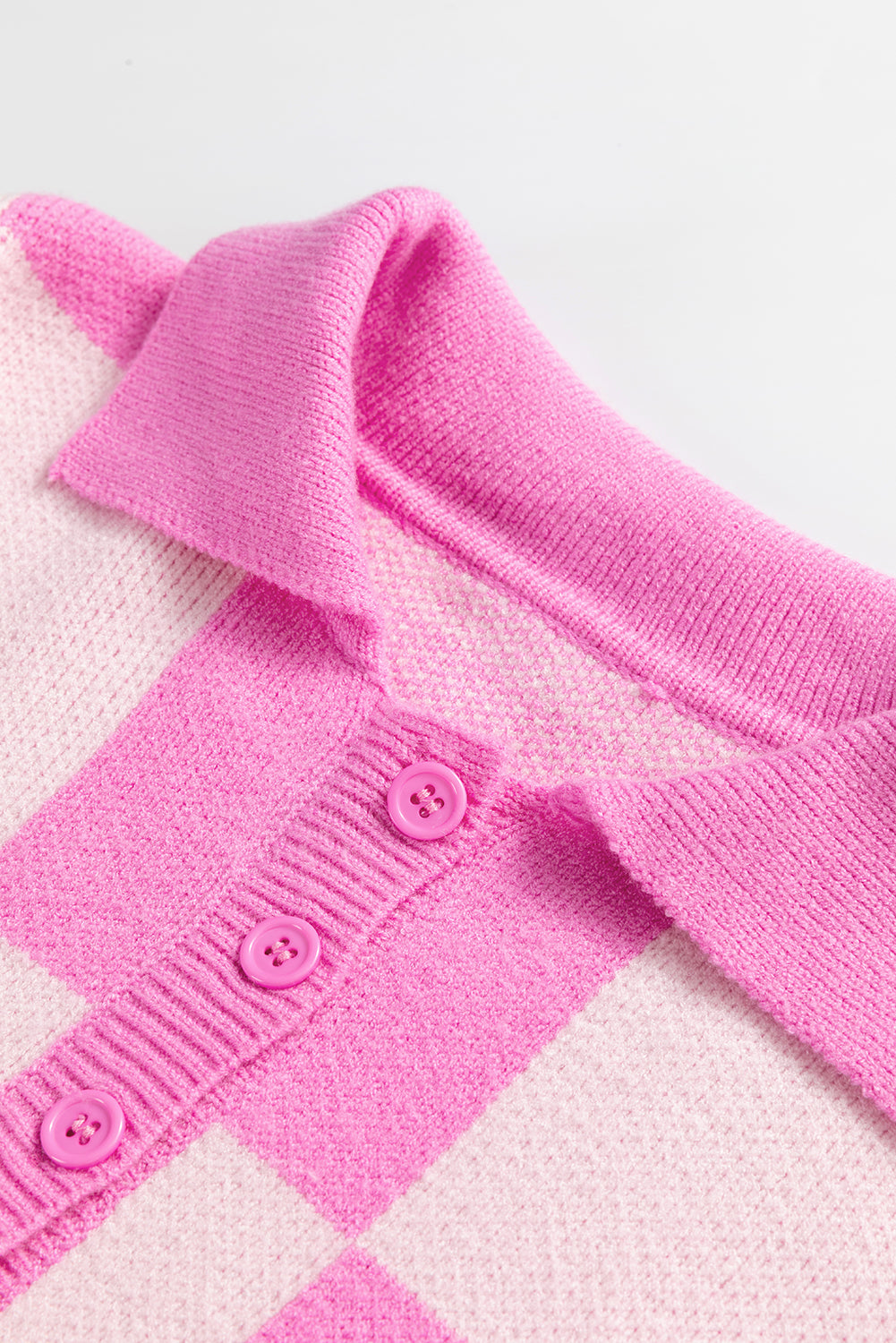 Pink Checkerboard Half Button Collared Drop Shoulder Sweater