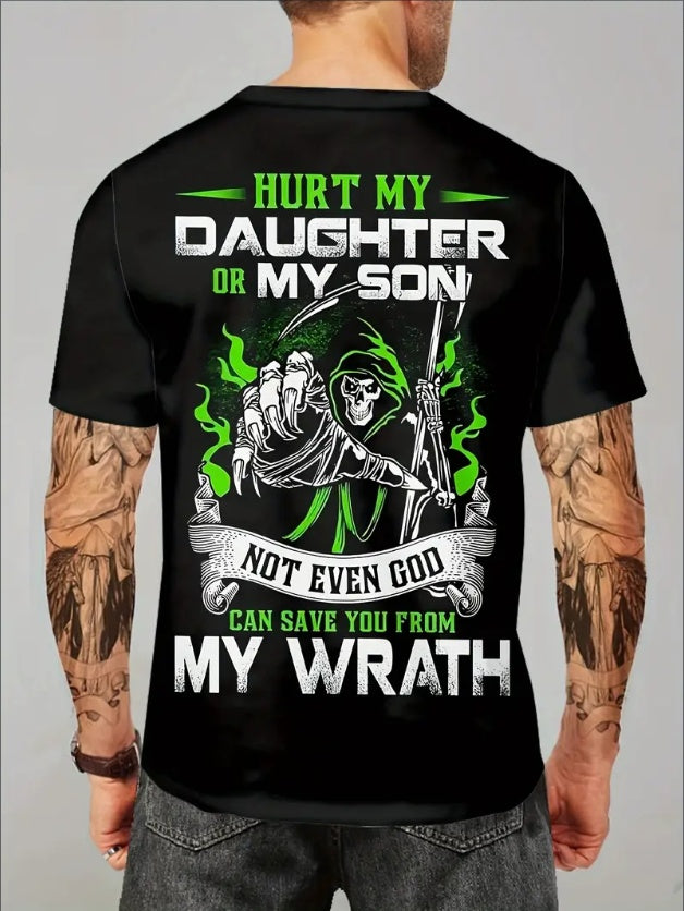 Hurt My Daughter Or My Son Printed Men's Plus Size Short Sleeve T-shirt, Casual And Lightweight Summer T-shirt, Suitable For Daily Wear