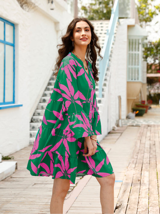 Women's floral print bell sleeve dress