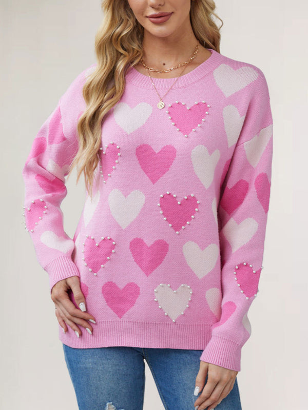 Valentine's Day Love Peach Pullover Round Neck Hand-beaded Craft Knitted Sweater