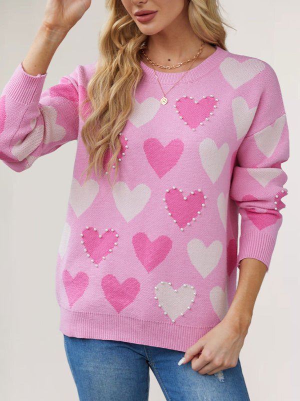 Valentine's Day Love Peach Pullover Round Neck Hand-beaded Craft Knitted Sweater