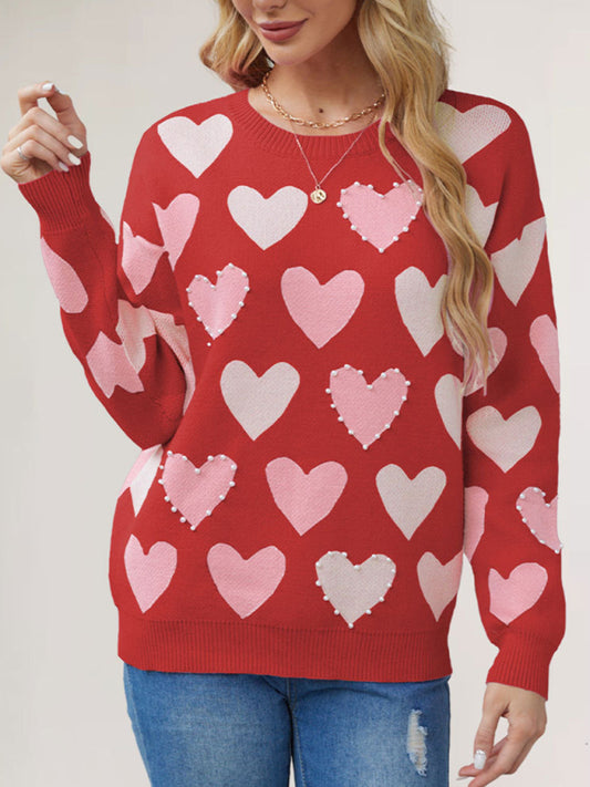 Valentine's Day Love Peach Pullover Round Neck Hand-beaded Craft Knitted Sweater