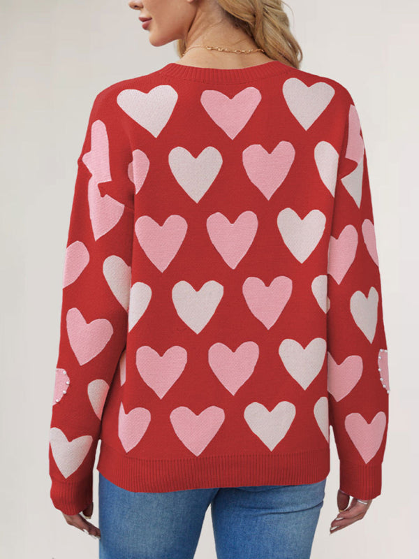 Valentine's Day Love Peach Pullover Round Neck Hand-beaded Craft Knitted Sweater