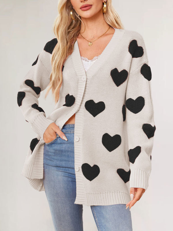 Valentine's Day Heart Knitted Midi Jacket V-Neck Button Cardigan