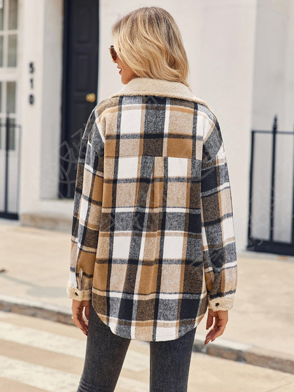 Casual autumn and winter coat contrast color plaid jacket casual lapel velvet coat