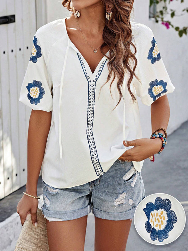 Long-sleeved shirt design V-neck solid color loose top