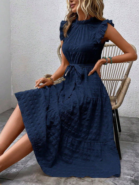 New Fashion Ruffled Flying Sleeve Lace-up Textured Dress