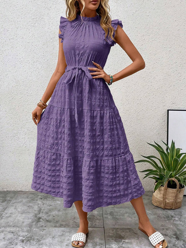 New Fashion Ruffled Flying Sleeve Lace-up Textured Dress