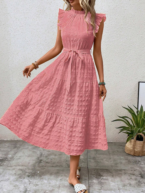 New Fashion Ruffled Flying Sleeve Lace-up Textured Dress