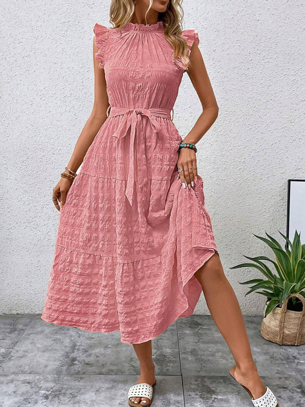 New Fashion Ruffled Flying Sleeve Lace-up Textured Dress