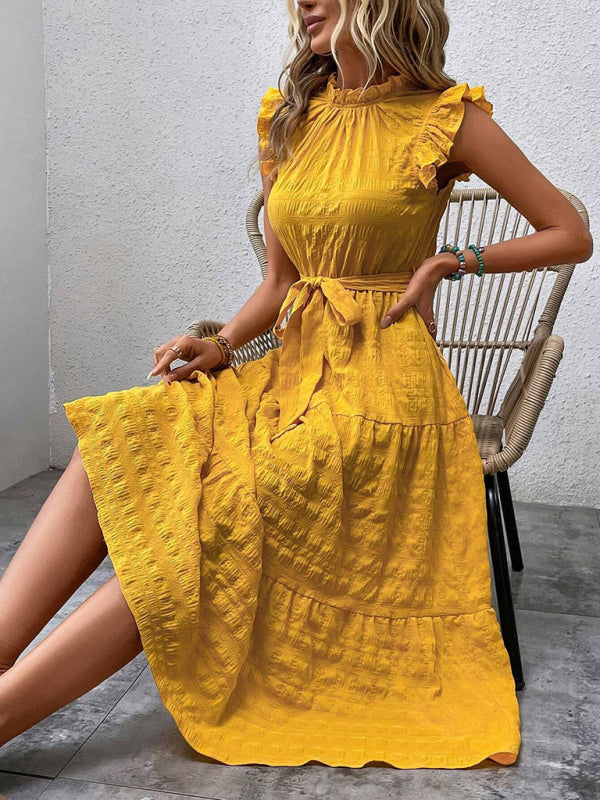 New Fashion Ruffled Flying Sleeve Lace-up Textured Dress