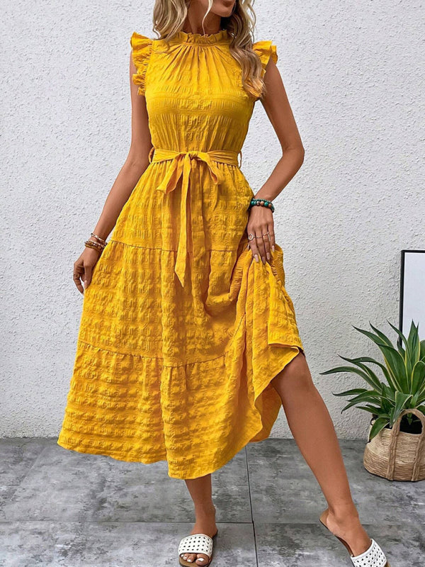 New Fashion Ruffled Flying Sleeve Lace-up Textured Dress